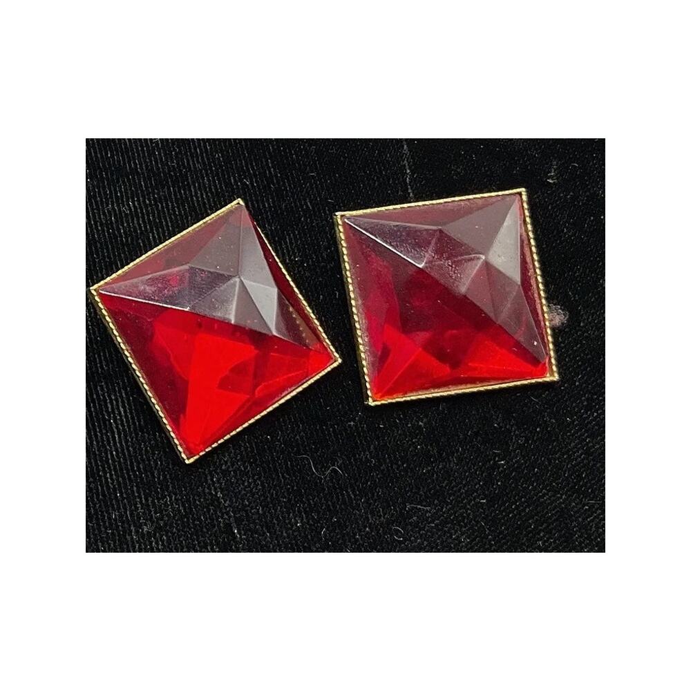 Vintage Red Faceted Glass Statement Earrings, Bold Geometric Square Clip On